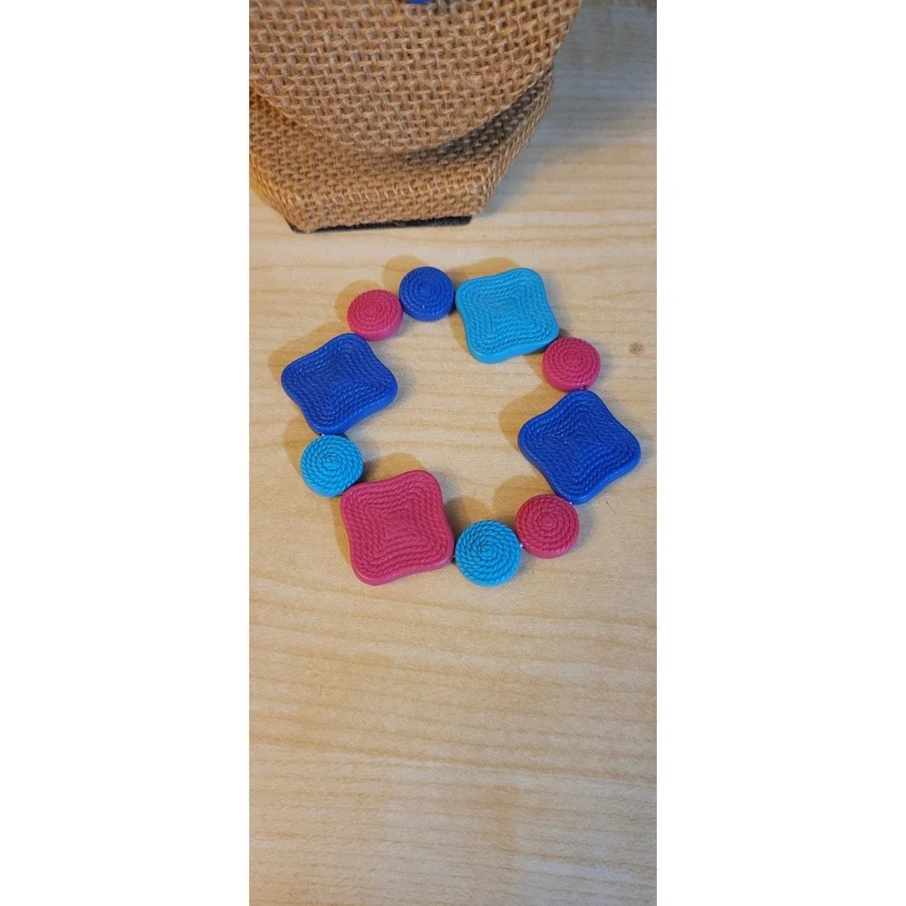 Vintage Blue Acrylic 1980s Geometric Collar Pink Wild Necklace and Bracelet  Set